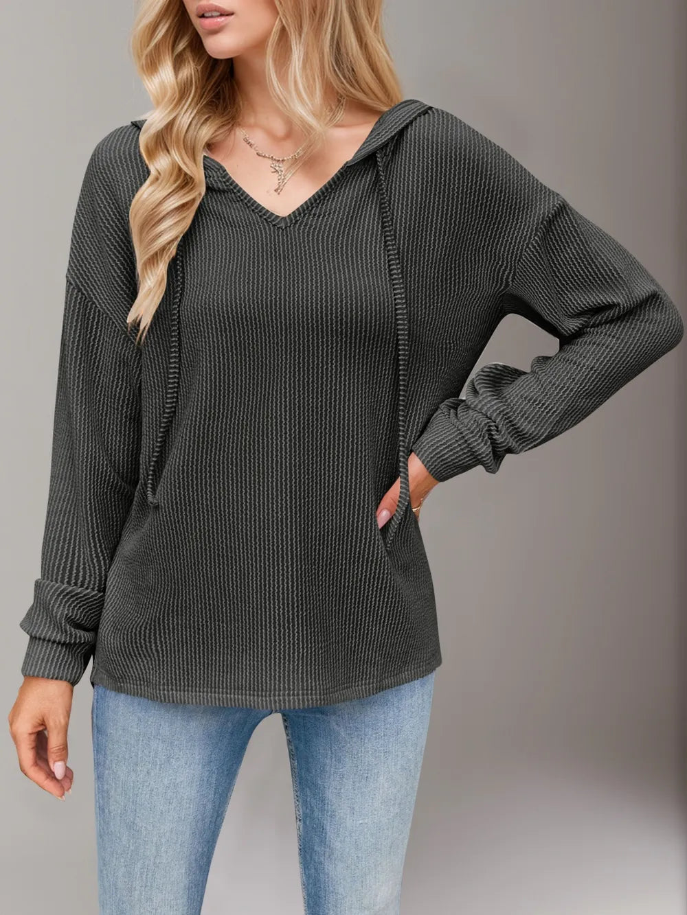 Double Take Drawstring Dropped Shoulder Long Sleeve Hoodie | Hoodies Daverri Fashions