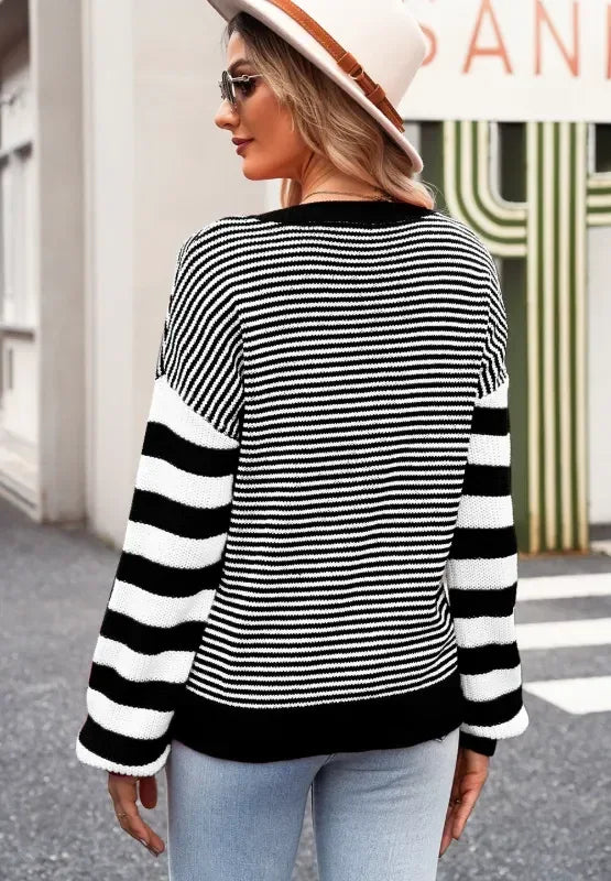 Striped Round Neck Dropped Shoulder Sweater - DAVERRI FASHIONS