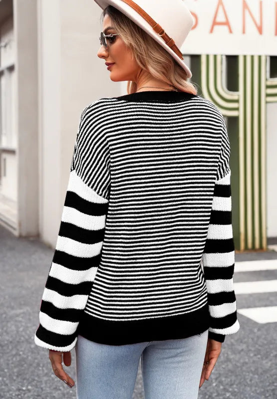 Striped Round Neck Dropped Shoulder Sweater | Sweaters Daverri Fashions
