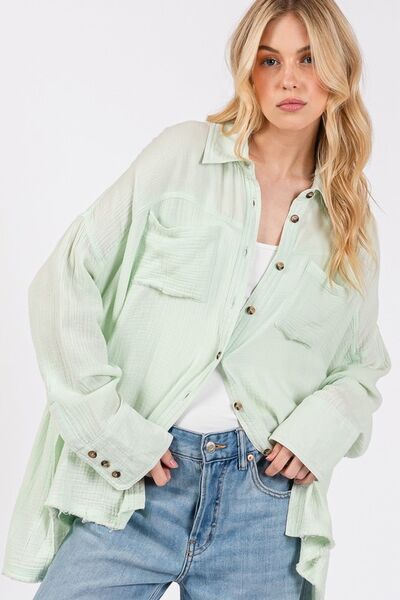 SAGE + FIG Frayed Hem Side Slit Button Down Shirt Tops