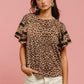 BiBi Leopard Crochet Trim Round Neck Short Sleeve Top Tops