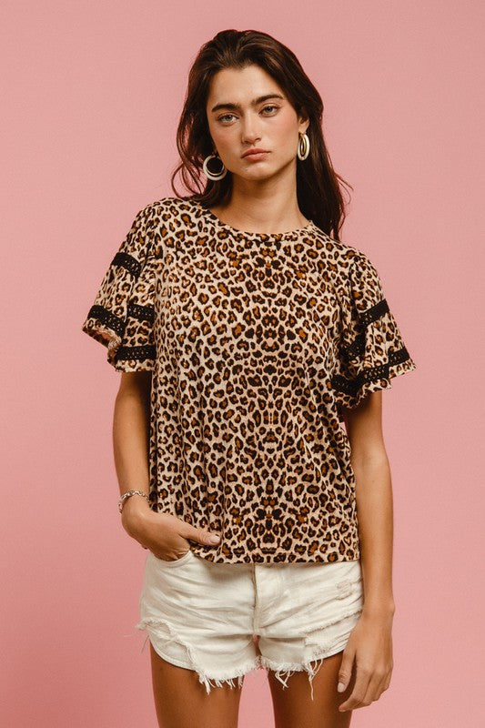 BiBi Leopard Crochet Trim Round Neck Short Sleeve Top Tops