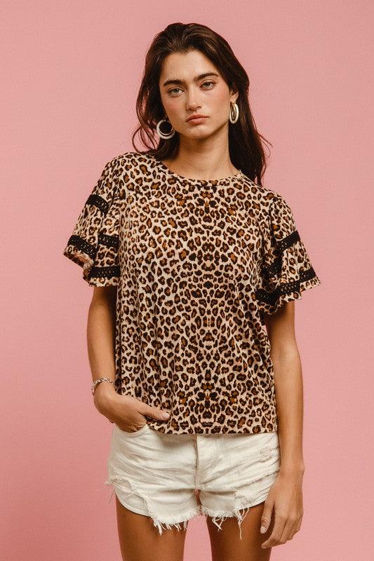 BiBi Leopard Crochet Trim Round Neck Short Sleeve Top Tops