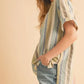 Aemi+Co Side Slit Striped Short Sleeve Blouse