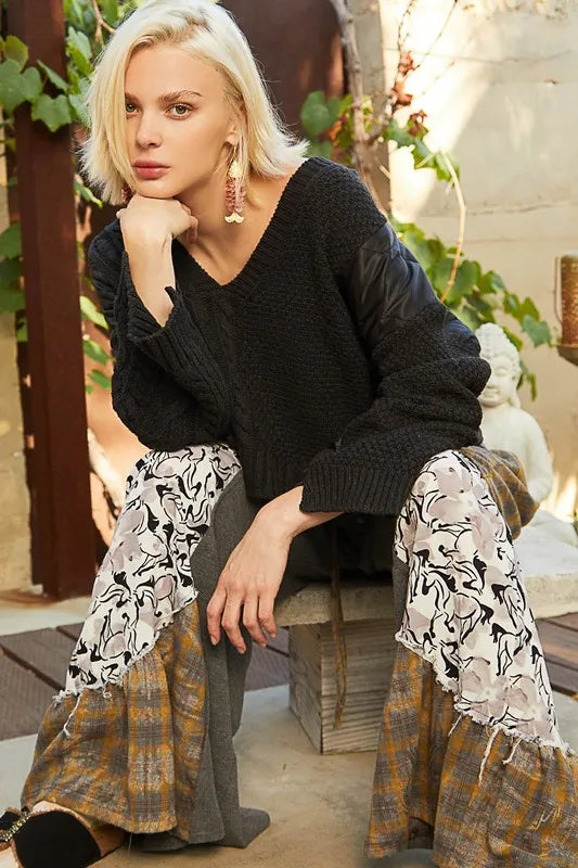 POL Cable Knit Quilting Patch V-Neck Sweater Sweaters