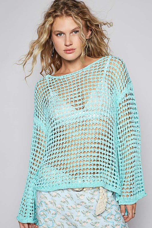 POL Side Slit Openwork Long Sleeve Knit Cover Up Mint Blue Cover-Ups