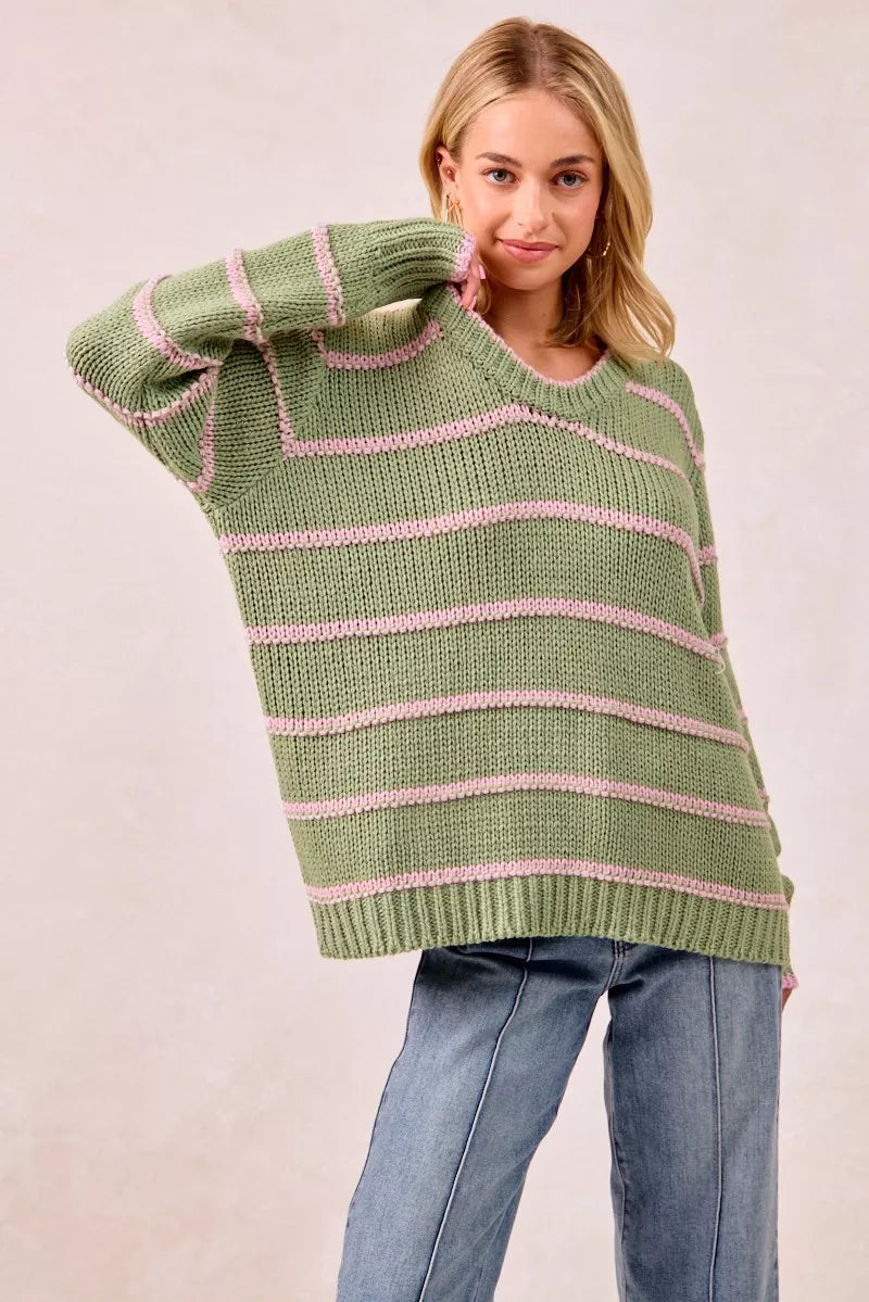 BiBi Striped Long Sleeve Sweater | Sweaters Daverri Fashions