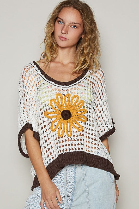 POL Hollow Out Flower Half Sleeve Knit Cover Up Cover-Ups