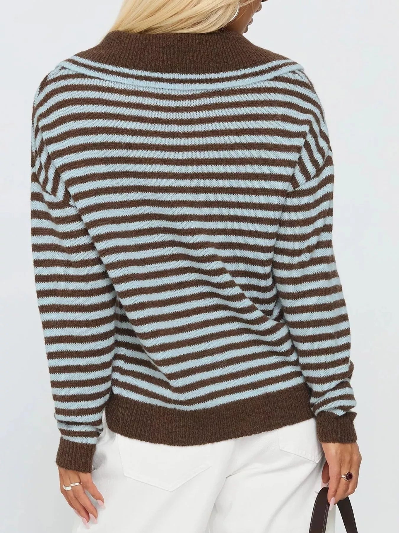 Women’s dark brown and light blue striped dropped shoulder knit sweater