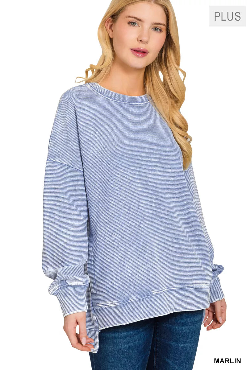 Zenana Full Size Acid Washed Double Ribbed Hi-low Sweatshirt Plus Size | Sweatshirts Daverri Fashions