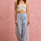 SO ME wide check pants with side lace trim, light blue white gingham wide-leg
