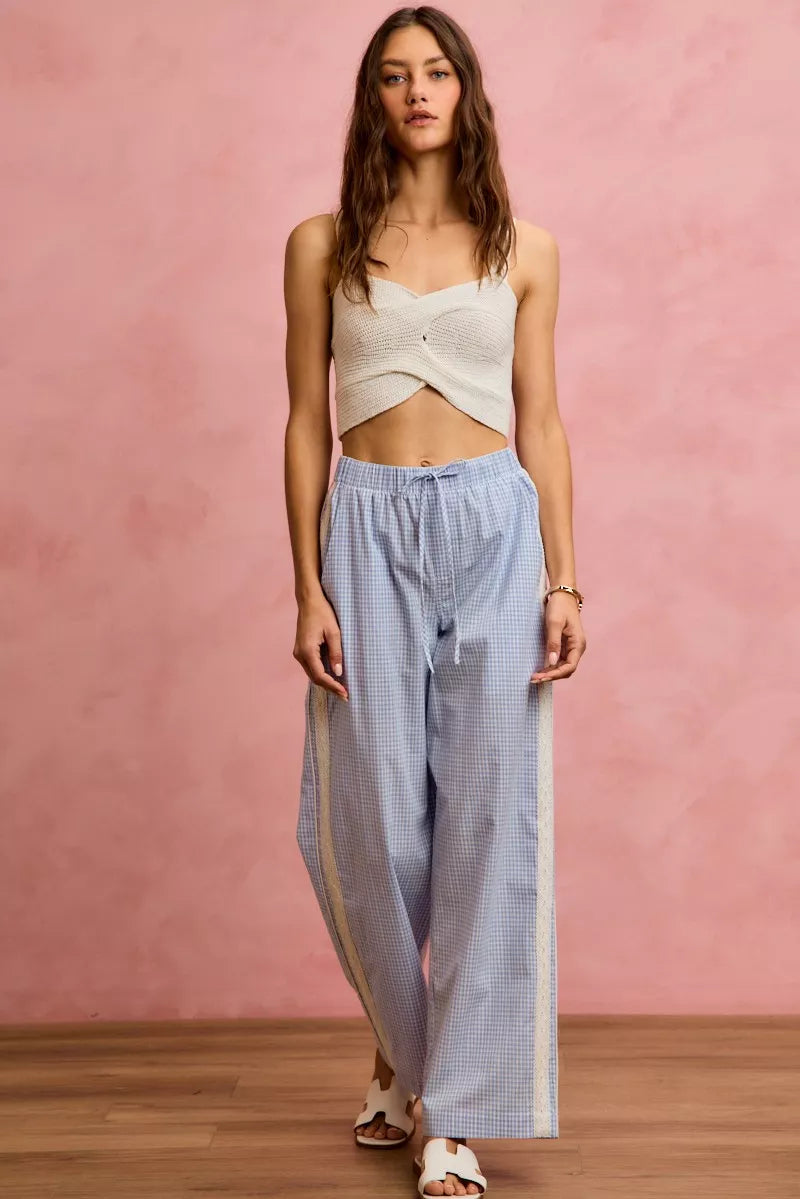 SO ME wide check pants with side lace trim, light blue white gingham wide-leg