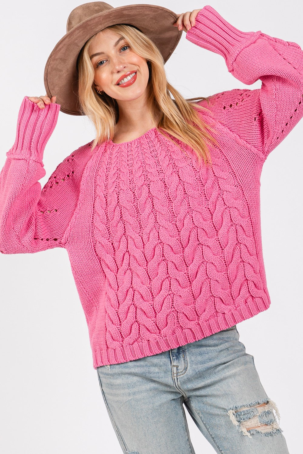 SAGE + FIG Cable-Knit Long Sleeve Sweater Pink Sweaters