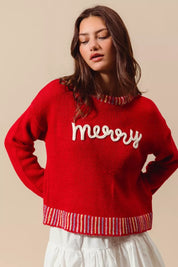 SO ME Merry Lettering Embroidered Christmas Sweater | Sweaters Daverri Fashions