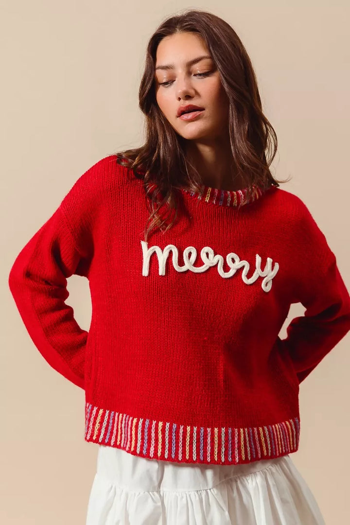 SO ME Merry Lettering Embroidered Christmas Sweater | Sweaters Daverri Fashions