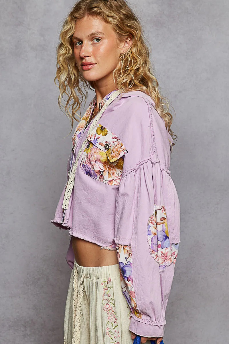 POL Raw Hem Floral Print Cropped Hooded Jacket Jackets