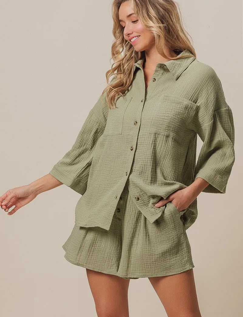 BiBi Crinkle Gauze Shirt and Short Set | Outfit Sets Daverri Fashions