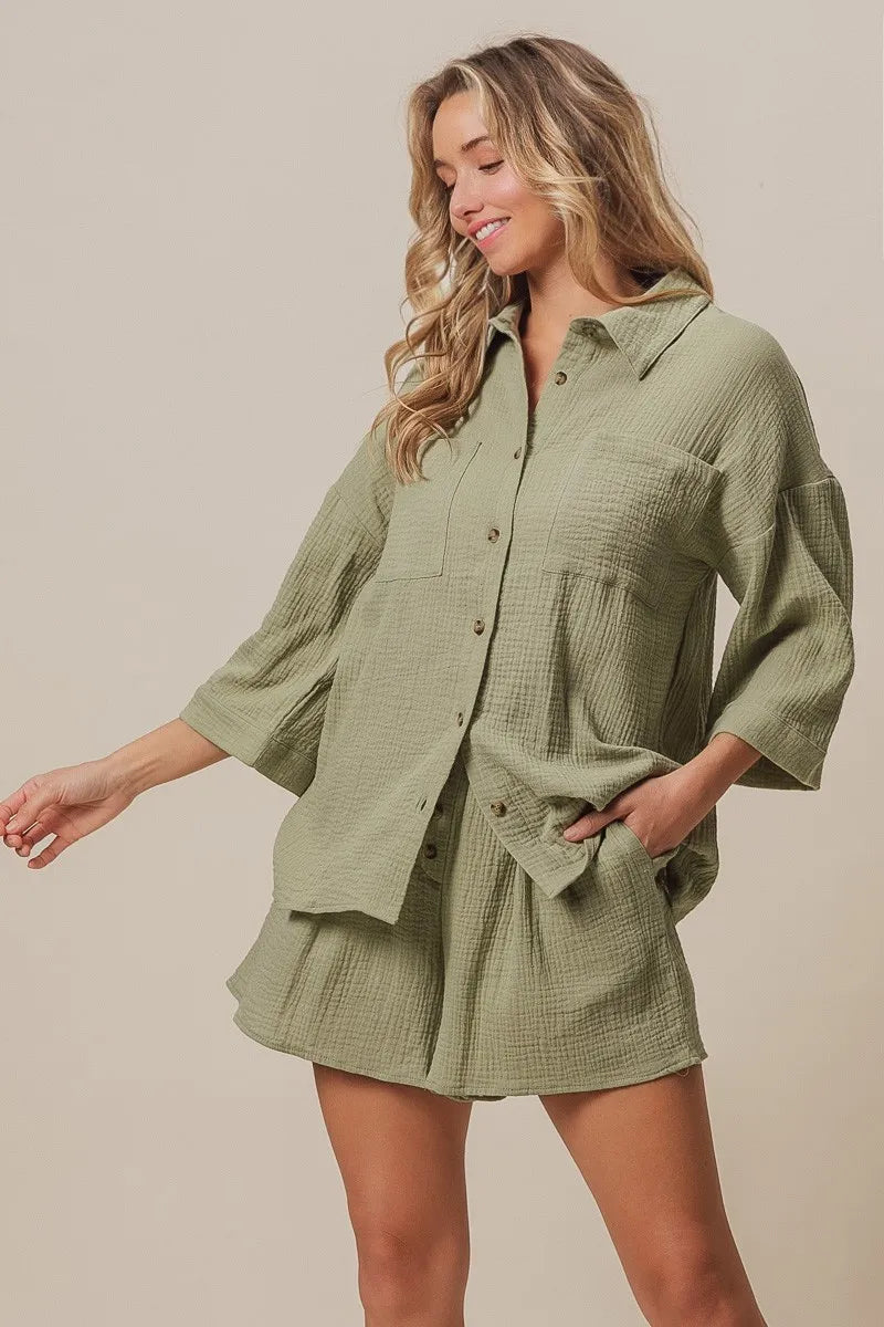 BiBi Crinkle Gauze Shirt and Short Set Outfit Sets