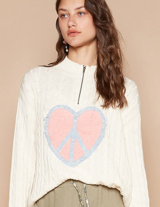 POL Cable-Knit Peace Patch Dropped Shoulder Sweater Ivory L