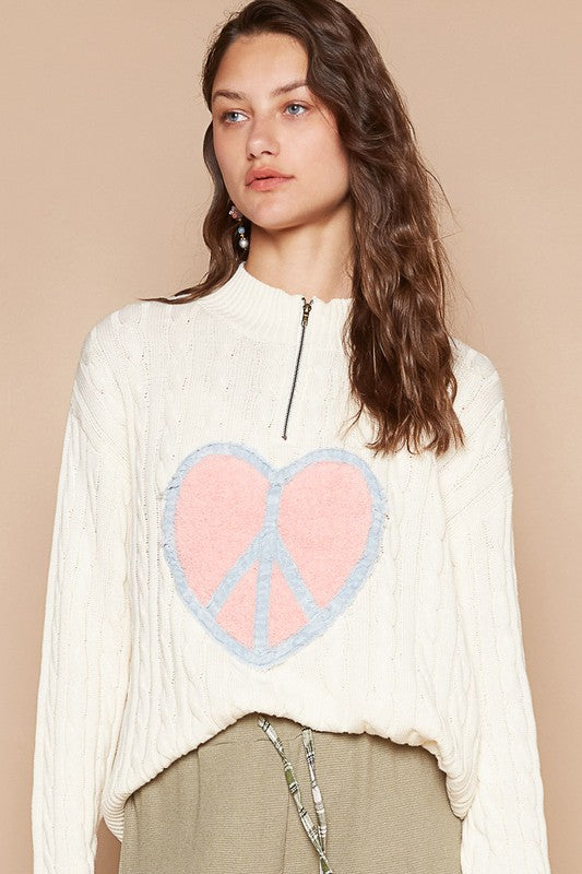 POL Cable-Knit Peace Patch Dropped Shoulder Sweater Ivory L