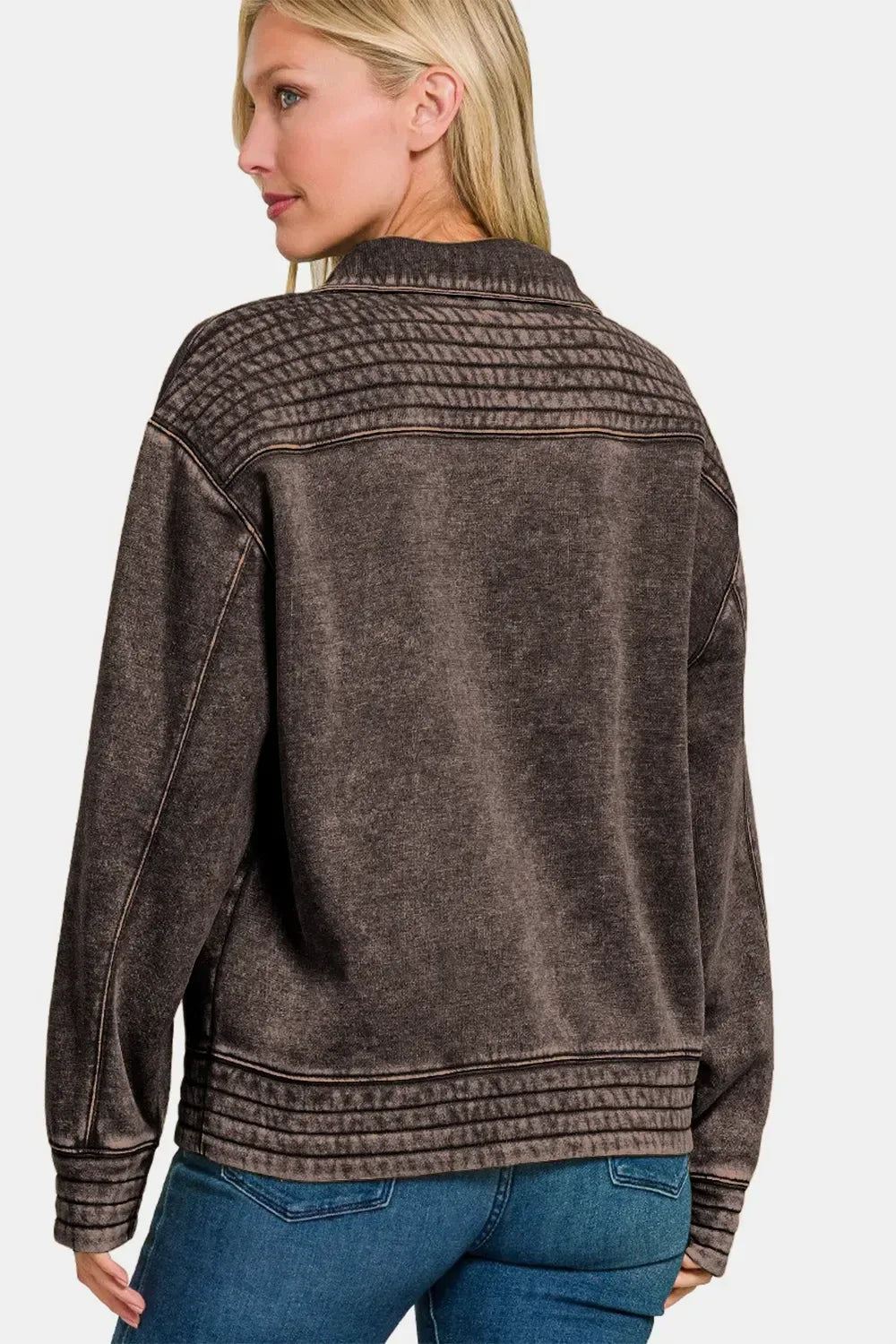 Zenana Acid Washed Half Snap Fleece Sweatshirt Ash Black - DAVERRI FASHIONS