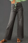 Women’s high-waisted wide-leg vintage wash dark gray denim jeans with frayed hems