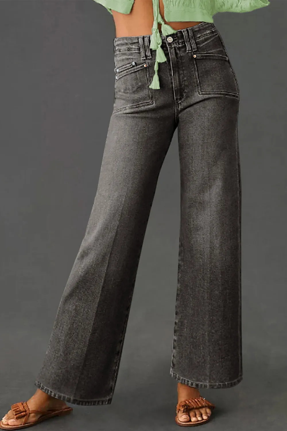 Women’s high-waisted wide-leg vintage wash dark gray denim jeans with frayed hems