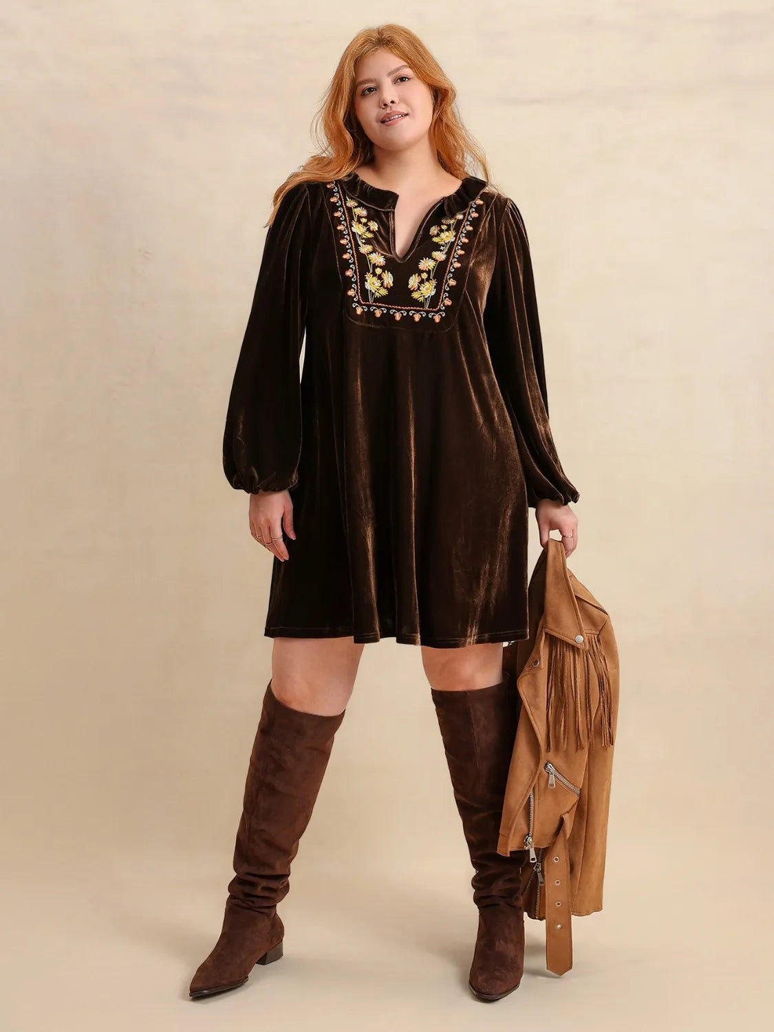 Plus Size Embroidered Notched Balloon Sleeve Mini Dress | Daverri Fashions