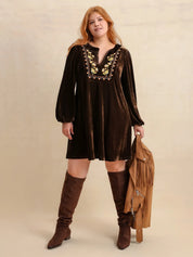 Plus Size Embroidered Notched Balloon Sleeve Mini Dress | Daverri Fashions