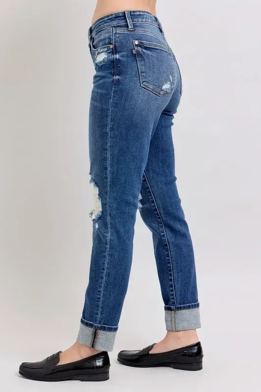 Judy Blue Full Size Mid Rise Boyfriend destroy Jeans with Yoke Pockets and Faux Selvedge Cuff Plus Size - DAVERRI FASHIONS