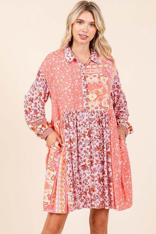 Mittoshop Coral Pink Floral Button Detail Long Sleeve Shirt Dress Mini Dresses