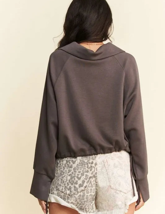 Davi & Dani Drawstring Hem Half Zip Raglan Sleeve Sweatshirt | Sweatshirts Daverri Fashions