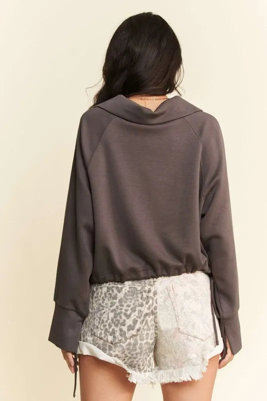 Davi & Dani Drawstring Hem Half Zip Raglan Sleeve Sweatshirt Sweatshirts