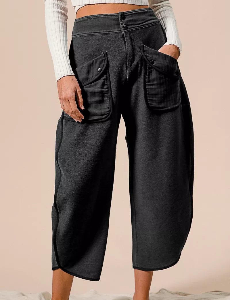 Black high-waisted wide-leg BiBi Washed Terry Pants with pockets