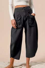 Black high-waisted wide-leg BiBi Washed Terry Pants with pockets