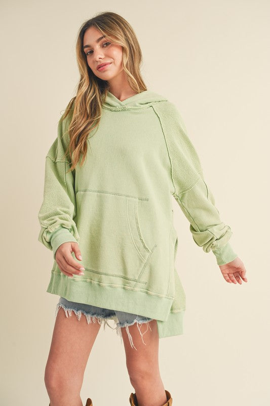 Aemi + Co Exposed Seam Side Slit Hoodie with Kangaroo Pocket