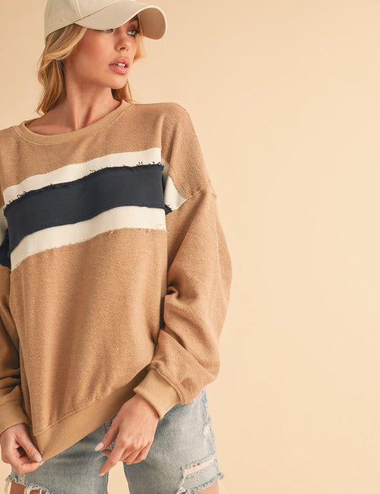 Aemi + Co Raw Hem Contrast Striped Dolman Sleeve Sweatshirt Tan Ivory Navy