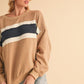 Aemi + Co Raw Hem Contrast Striped Dolman Sleeve Sweatshirt Tan Ivory Navy M Sweatshirts