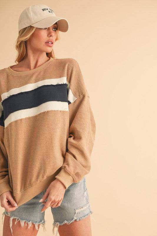 Aemi + Co Raw Hem Contrast Striped Dolman Sleeve Sweatshirt Tan Ivory Navy M Sweatshirts