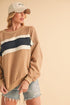 Aemi + Co Raw Hem Contrast Striped Dolman Sleeve Sweatshirt Tan Ivory Navy M Sweatshirts