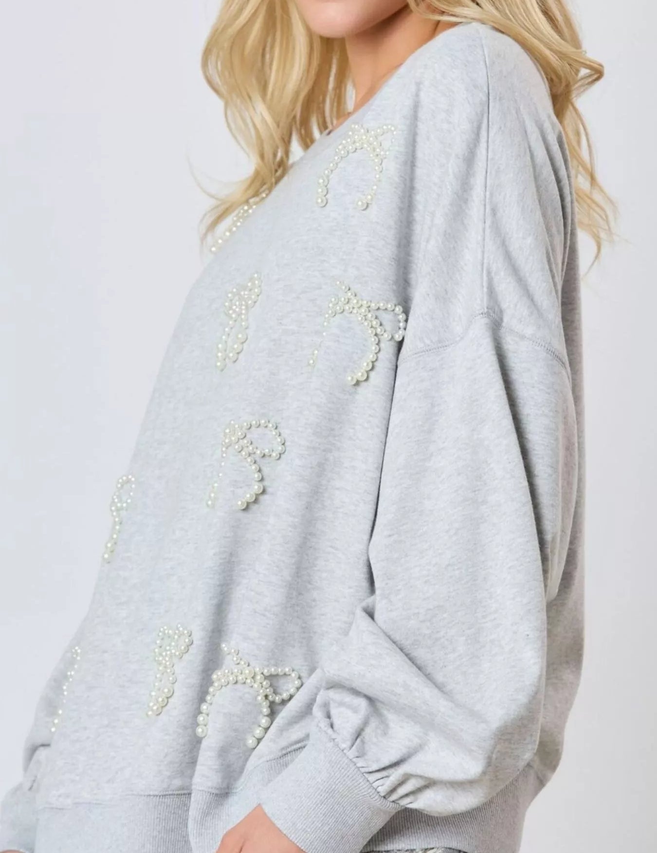 Pearl Embellished Bow Long Sleeve Sweatshirt | Sweatshirts Daverri Fashions