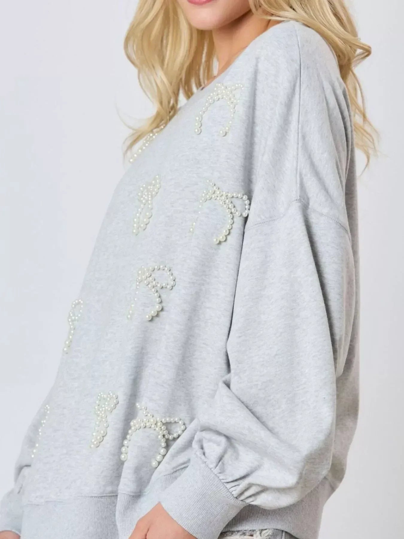 Pearl Embellished Bow Long Sleeve Sweatshirt - DAVERRI FASHIONS