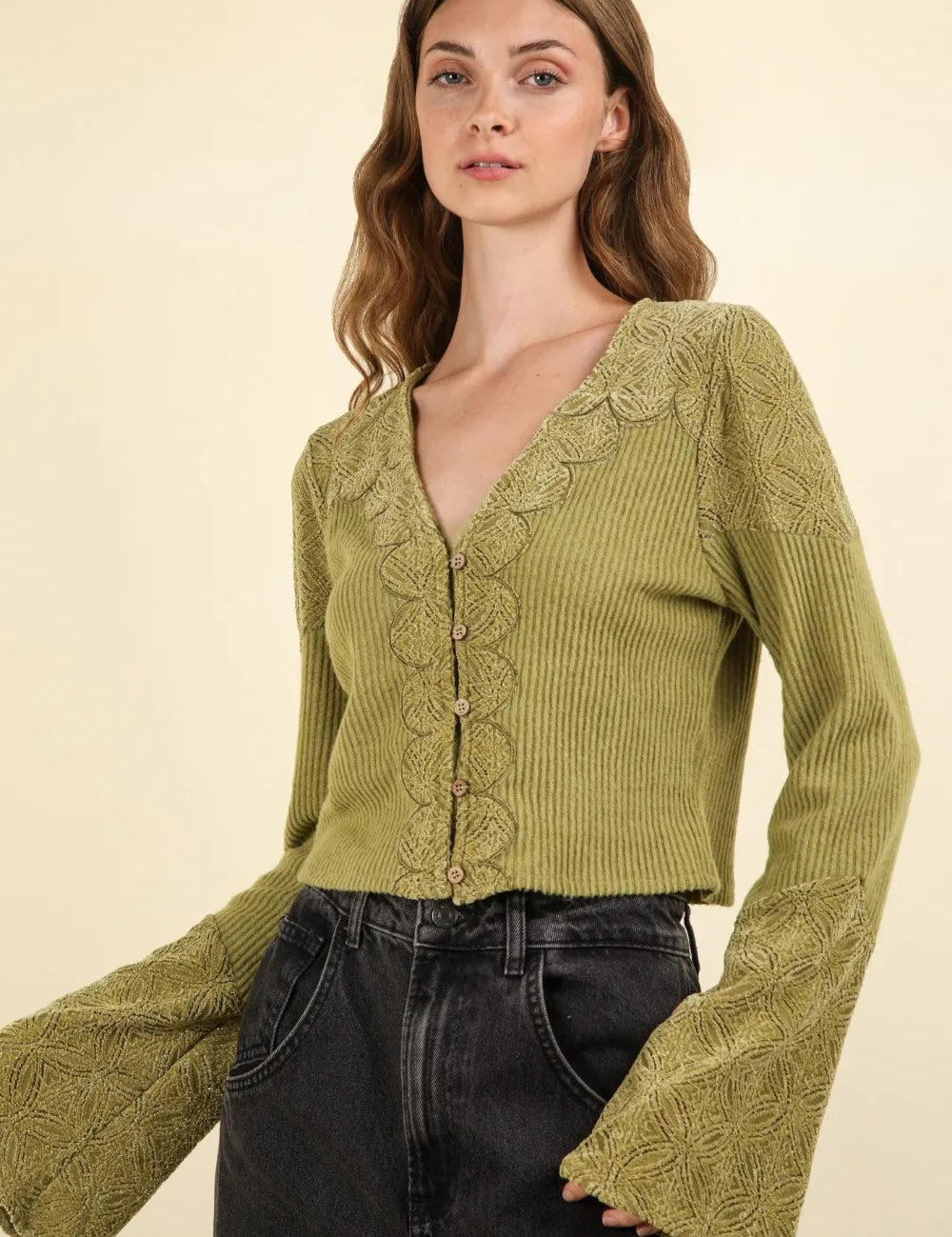 Olive VERY J V-Neck Lace Detail Button Down Crop Ribbed Knit Top | Knit Tops Daverri Fashions