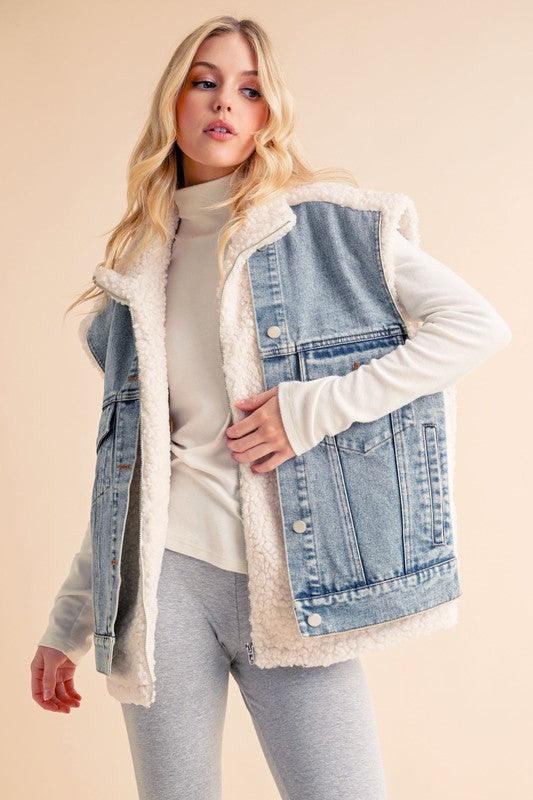 Aemi + Co Denim Patch Sherpa Vest Coat Light Jackets