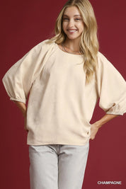 CHAMPAGNE Umgee Satin Jacquard Balloon Sleeve Blouse | Blouses Daverri Fashions