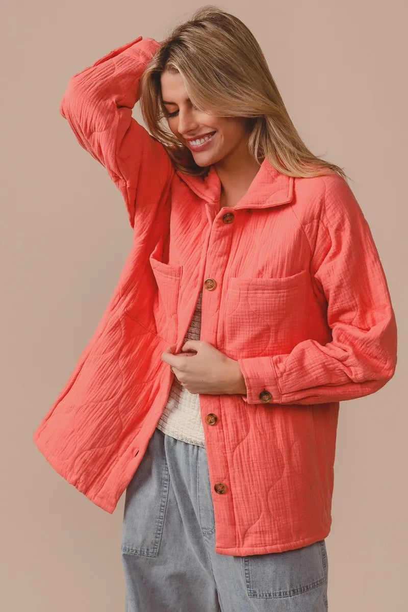 BiBi Quilted Wrinkle Gauze Long Sleeve Shacket Shackets