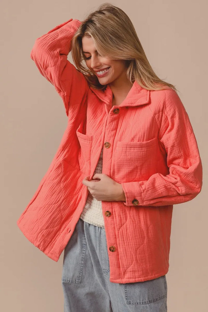 BiBi Quilted Wrinkle Gauze Long Sleeve Shacket Shackets