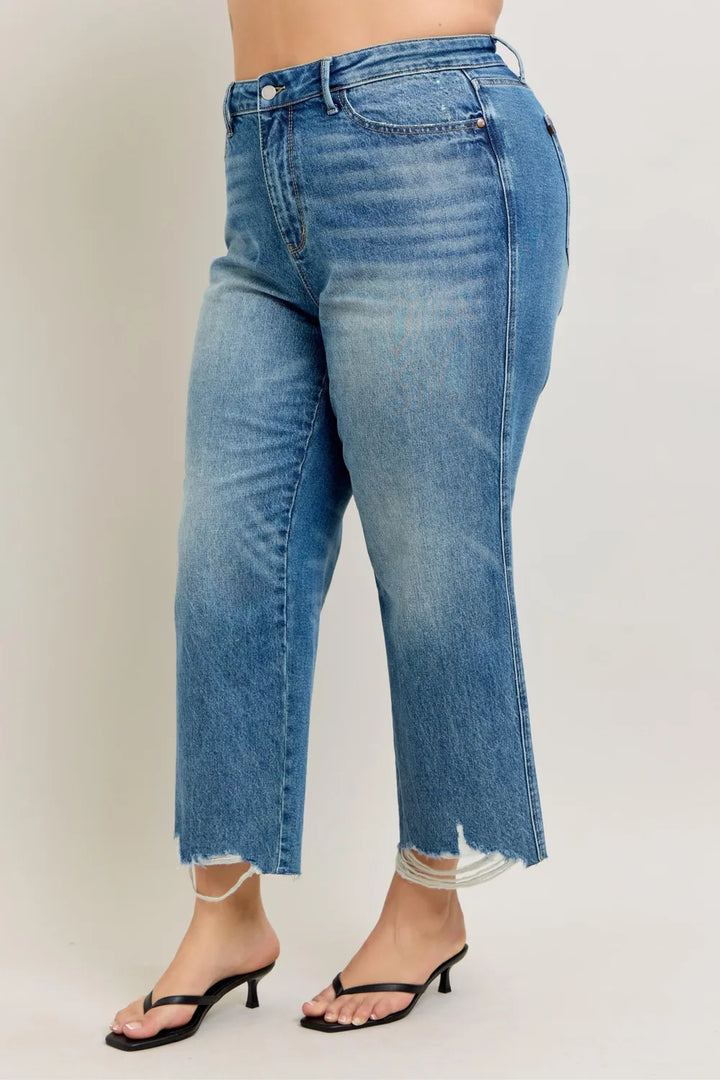 Judy Blue Plus Size High Waist Rigid Magic Destroy Hem Crop Wide Jeans