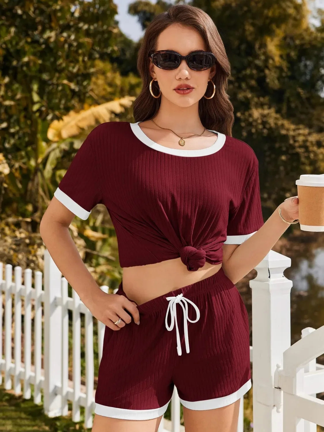 Burgundy ribbed knit Daverri Fashions top and shorts set with white trim