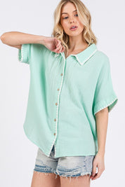 SAGE+FIG Boho Contrast Zigzag Trim Gauze Button-Up Shirt Shirts